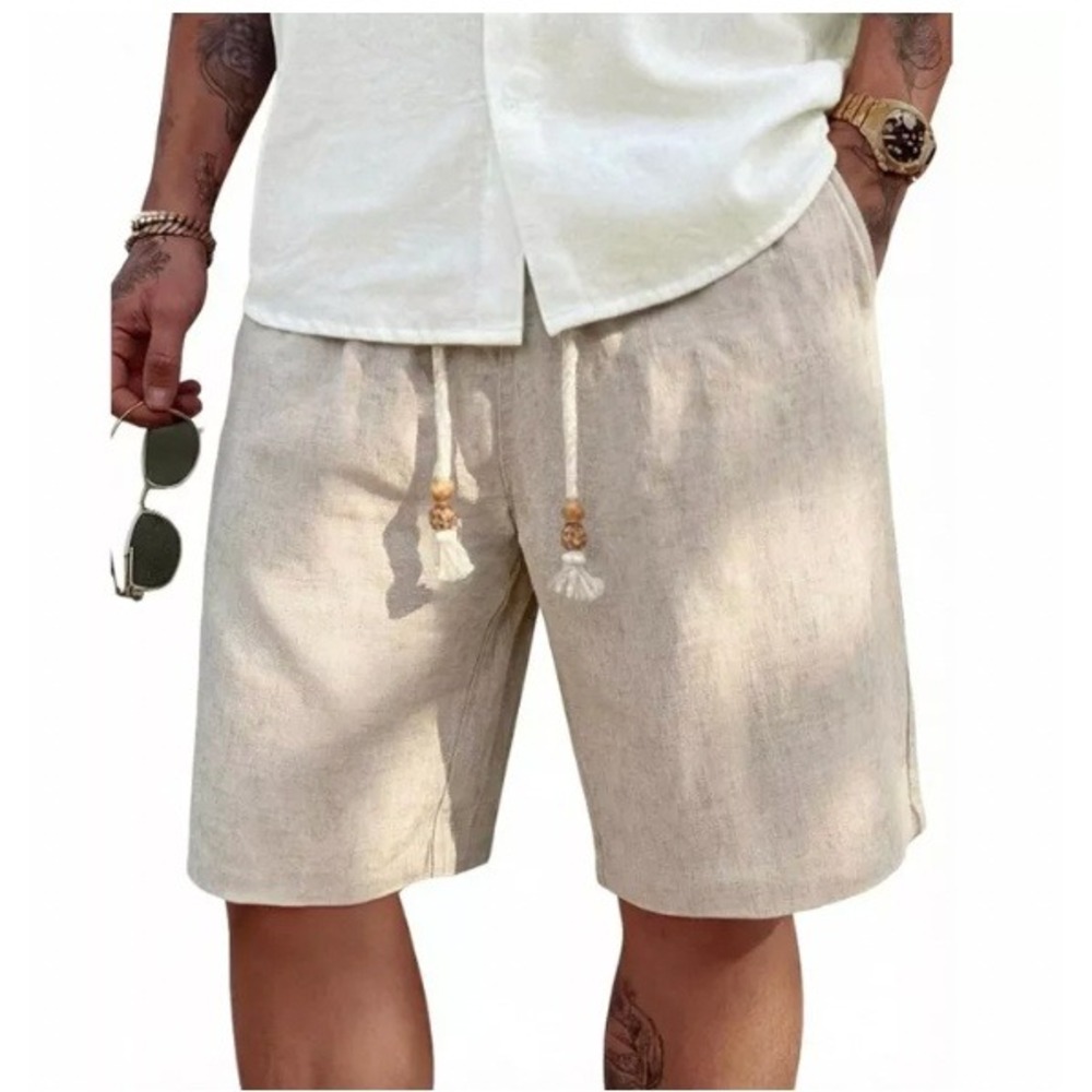 Mens Light Khaki Linen Blend Drawstring Shorts Size XL Elastic Summer Beach